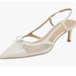XYD Women Slingback Low Heels with Bowknot Mesh Closed Pointed Toe White Shoes